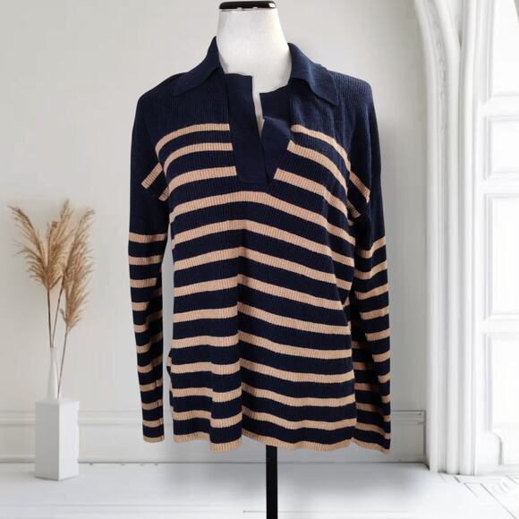 Rails Harris Merino Blend Sweater Size M Camel Navy Stripe Collared Neckline - Picture 1 of 12